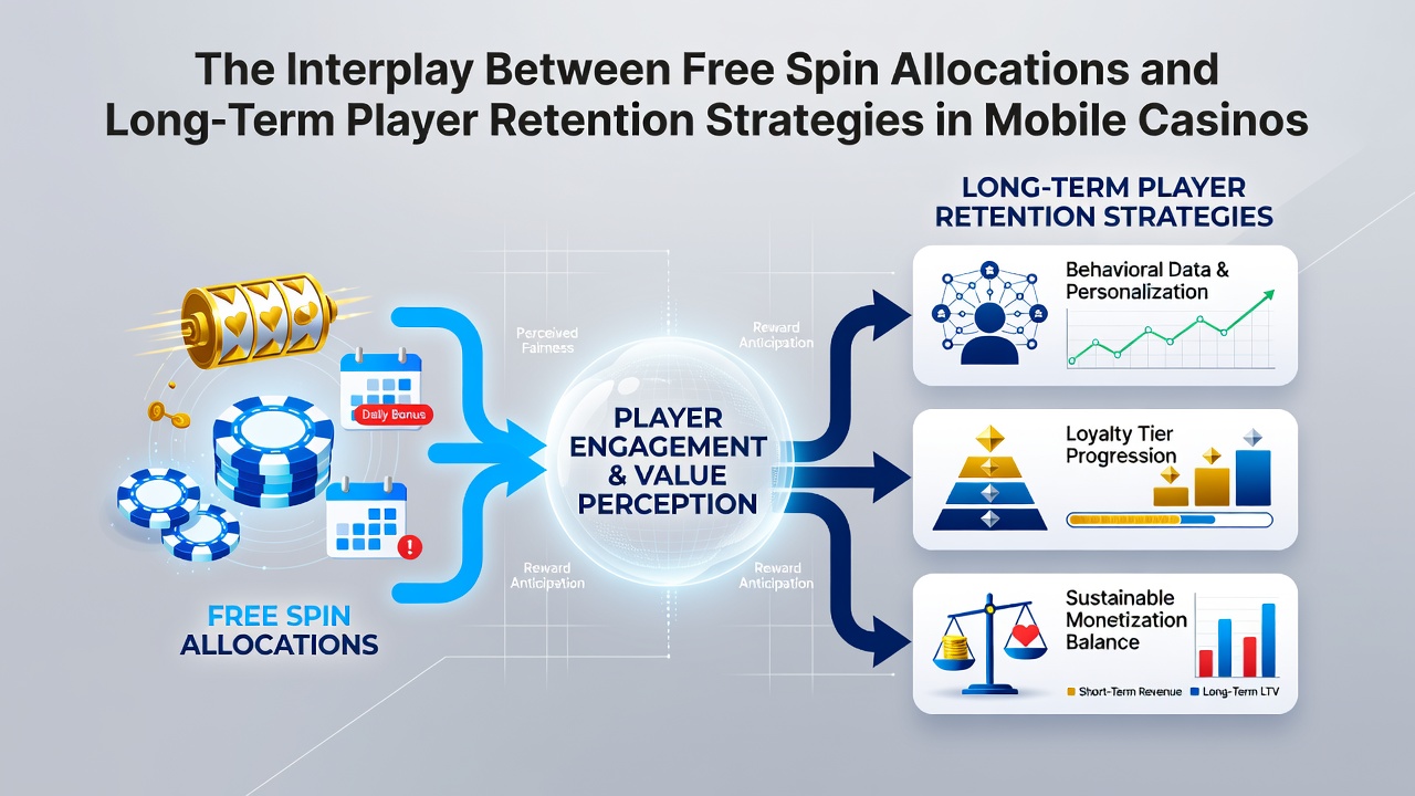 Analytics dashboard showing player retention metrics linked to free spin usage over a six-month period in mobile casino applications